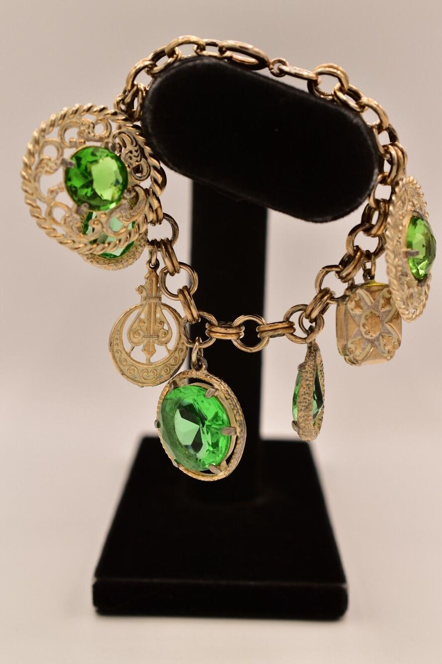 Vintage Charm Bracelet Green Crystal Prong Renaissance Medieval Gold 1960s BinAD